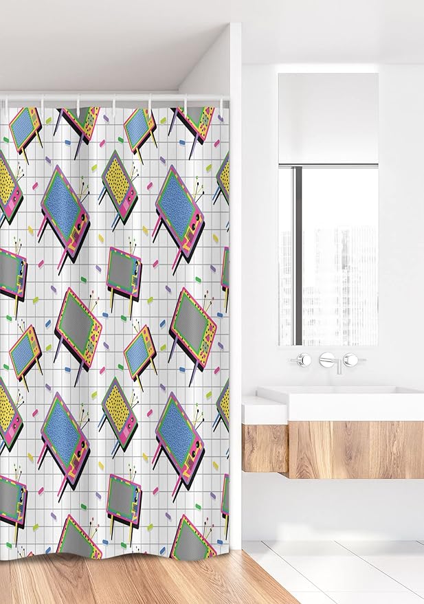 Ambesonne Vintage Stall Shower Curtain, Funny Retro Modern 80s Memphis Neon Color TV Background Cartoon Style Design, Fabric Bathroom Decor Set with Hooks, 36" W x 72" L, Grey Aqua