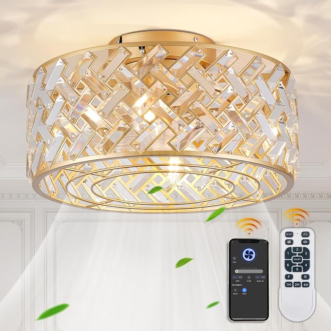 18 Inch Caged Ceiling Fans with Lights, Low Profile Crystal Fandelier Ceiling Fan with Lights and Remote & App Control for Low Ceilings Flush Mount Installation Indoor, Bulb Included Gold