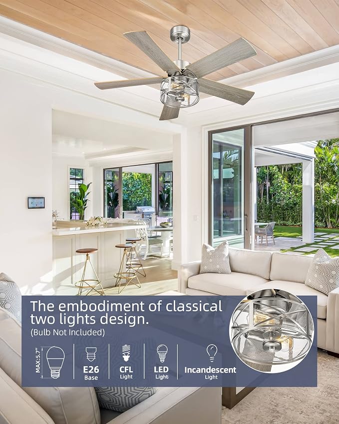 YOUKAIN Farmhouse Ceiling Fans, 48 Inch Industrial Ceiling Fan with Light and Remote Control, Clear Glass, 5-Reversible Blades with Gray Oak/Burlywood Finish, 52-YJ632-BN