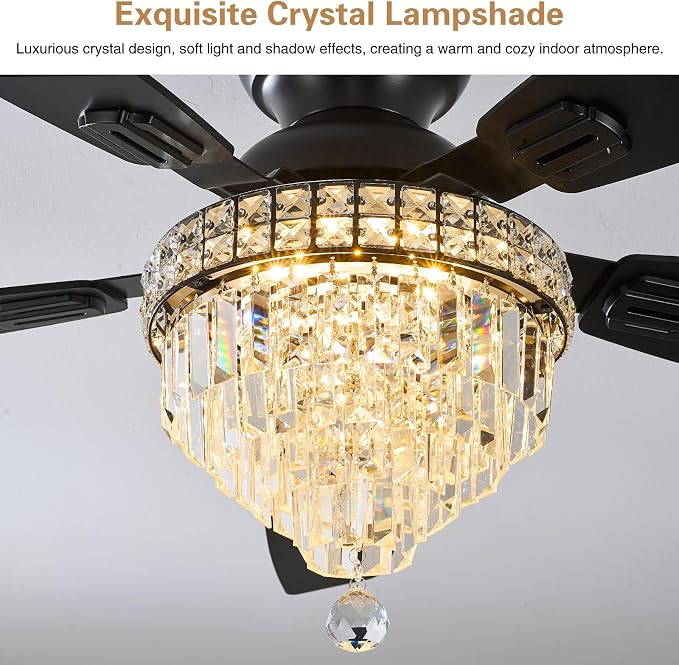 Crystal Ceiling Fan Fandelier with Lights-Ceiling Fans with Lights,54" Low Profile and Remote Control, Flush Mount, Reversible, Dimmable, Noiseless, Black Ceiling Fan for Bedroom