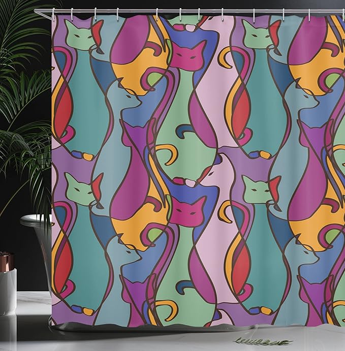 Ambesonne Cat Shower Curtain, Colorful Kittens Domestic Contour Geometric Design, Cloth Fabric Bathroom Decor Set with Hooks, 69" W x 70" L, Pink Magenta