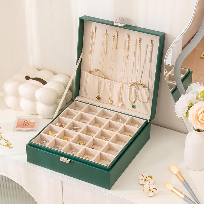 Frebeauty 50 Grid Earring Holder Organizer,2 Layer Jewelry Box for Women | Faux Leather,Velvet Lining,Adjustable Divider,Jewelry Organizer for Ring Necklace and Bracelet,for Home Use and Jewelry Store