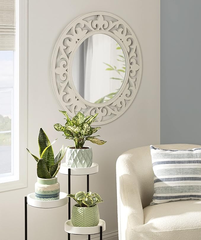 Kate and Laurel Shovali Coastal Round Mirror; 32 Inch Diameter; White; Decadent Wall Decor with Ornate Wood-Carved Frame