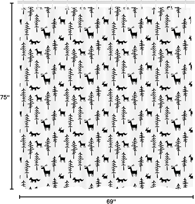 Ambesonne Forest Shower Curtain, Christmas Spirit Inspired Sketchy Reindeer Pine Trees Rabbits Animal Design, Cloth Fabric Bathroom Decor Set with Hooks, 69" W x 75" L, White Black