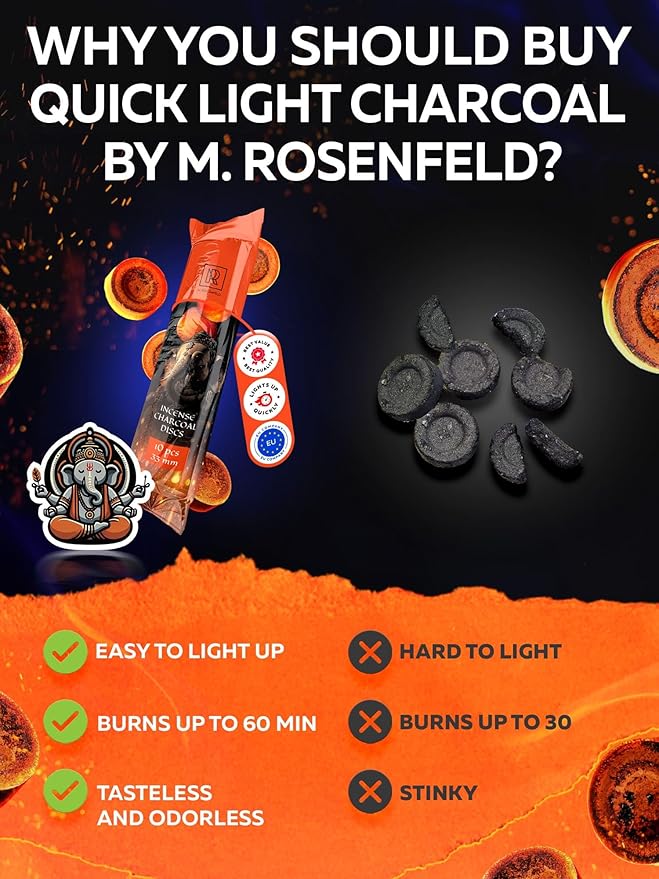 Charcoal Discs to Burn Incense - 10 pcs Charcoal for Incense Burning - 33 mm Most Quick Light Coals Tablets by M. ROSENFELD - 33 mm Resin Burner Rolls – Pack of 10 Instant Fire Coal Tablets