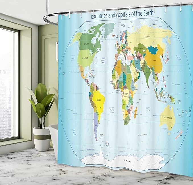 Ambesonne World Map Shower Curtain, Countries and Capital Cities of The Earth Political Borders Oceans and Lakes Colorful Graphic, Cloth Fabric Bathroom Decor Set with Hooks, 69" W x 84" L, Pale Blue