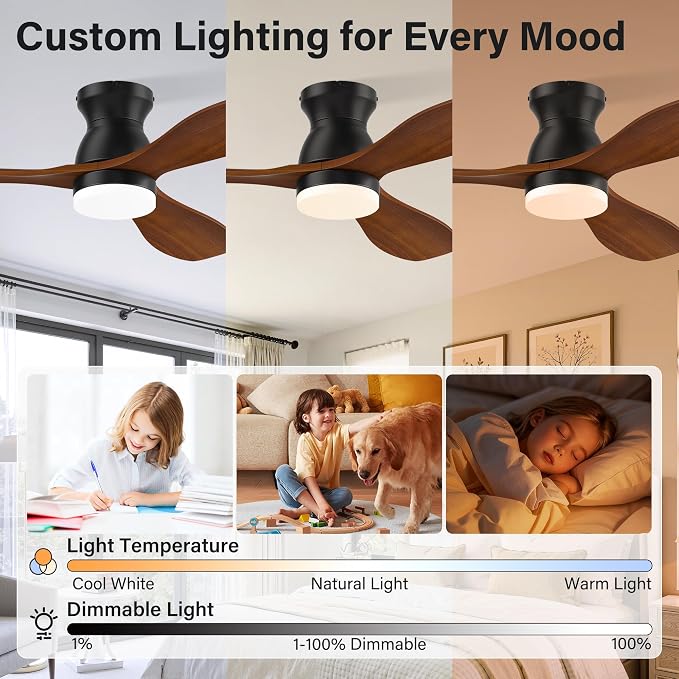 42 Inch Wood Ceiling Fans with Lights Remote,Smart Control via Alexa,APP,Quiet DC Motor,Dimmable,Outdoor Indoor, Flush Mount Hugger Modern Ceiling Fan for Low Profile Bedroom,Patio,Walnut Brown& Black
