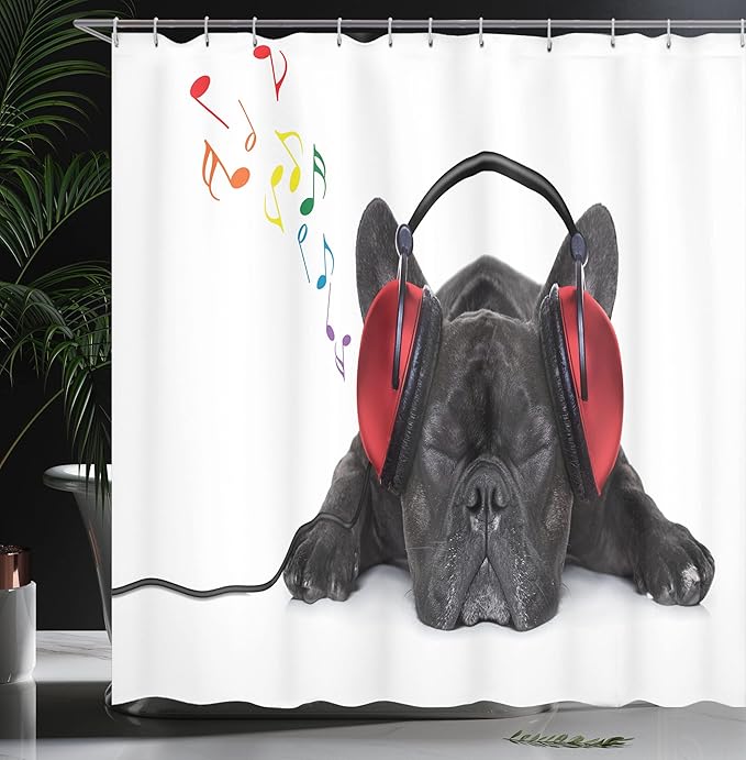 Ambesonne Dog Lover Shower Curtain, Bulldog Listening to Music Earphones While Relaxing Sleeping Print, Cloth Fabric Bathroom Decor Set with Hooks, 69" W x 70" L, Black White Red