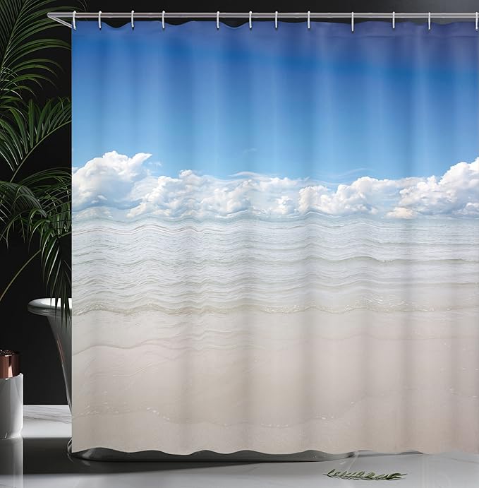 Ambesonne Ocean Shower Curtain, Sea to Sky View with Clouds Nature Exotic Beach in South Asia Paradise, Cloth Fabric Bathroom Decor Set with Hooks, 69" W x 70" L, Blue White Cream
