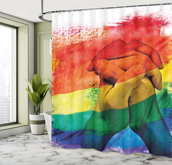 Ambesonne Pride Shower Curtain, Hands of Young Men Put Together on Abstract LGBT Parade Flag Love Wins Gay Partners, Cloth Fabric Bathroom Decor Set with Hooks, 69" W x 70" L, Multicolor White