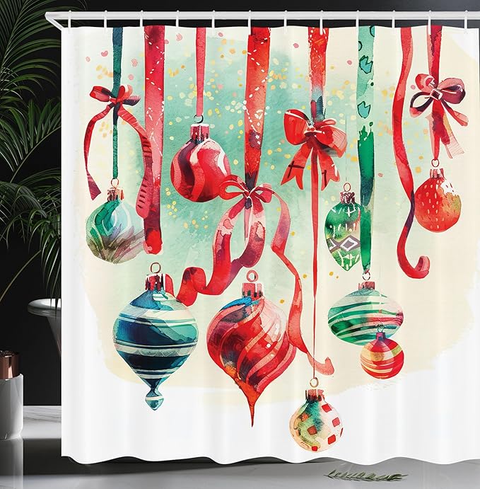 Ambesonne Christmas Shower Curtain, Vintage Xmas Theme with Colorful Globes and Laces Ornate Illustration, Cloth Fabric Bathroom Decor Set with Hooks, 69" W x 84" L, Dark Coral Green Blue