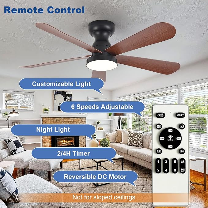 Depuley Small Ceiling Fan with Lights: 42-Inch Flush Mount Fan with Light and Remote - Low Profile Ceiling Fans Reversible Quiet DC Motor for Bedroom Living Room Indoor Outdoor, Walnut