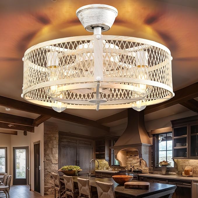 Depuley Farmhouse Ceiling Fans with Lights: Cement Flush Mount Caged Ceiling Fans Light Fixture for Dining Room - Modern Rustic Fandelier Low Profile Ceiling Fan with Remote for Kitchen Bedroom