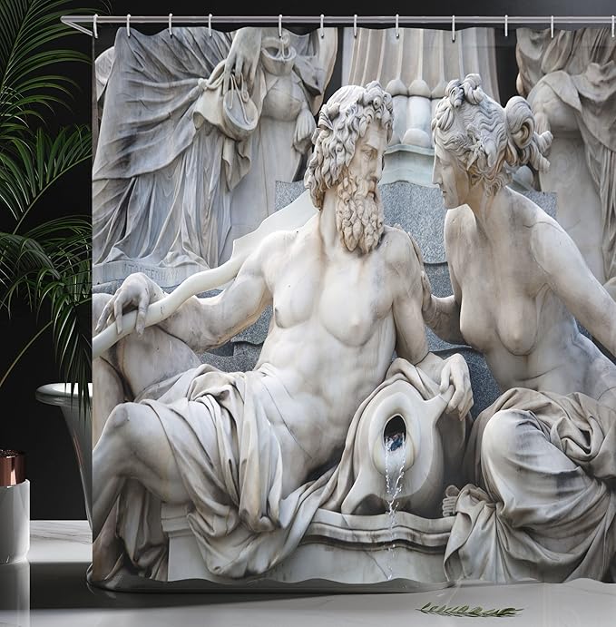 Ambesonne Retro Shower Curtain, Male Female Athena Fountain and Building of Austrian Parliament, Cloth Fabric Bathroom Decor Set with Hooks, 69" W x 70" L, Black and White