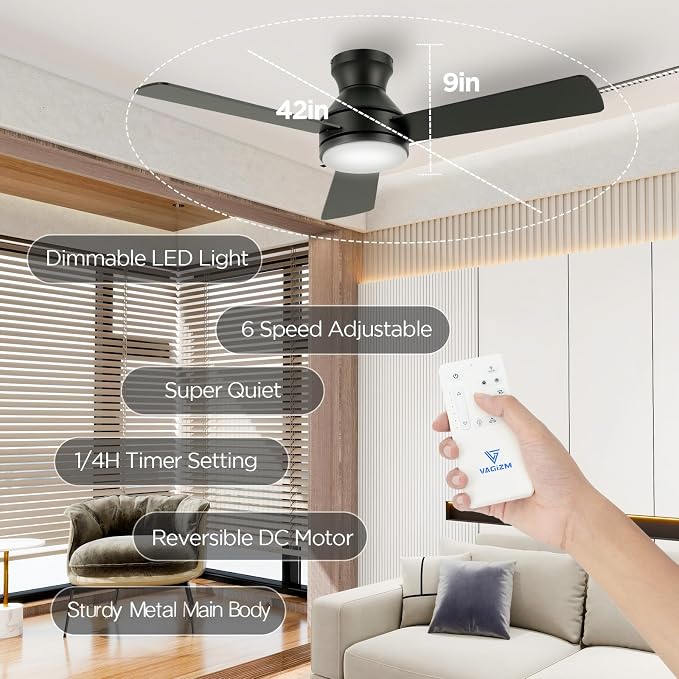 42 Inch Flush Mount Ceiling Fan with Light, Quiet DC Motor, 3CCT Dimmable LED, Low Profile for Bedroom Home Office (Matte Black)