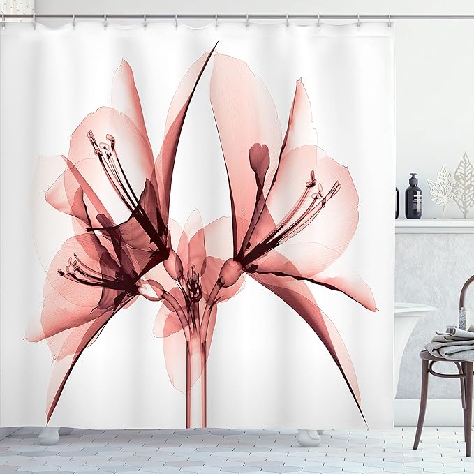 Ambesonne Flower Shower Curtain, Illustration of a Blooming Flower X-ray Vision of Nature Solarized Pattern, Cloth Fabric Bathroom Decor Set with Hooks, 69" W x 70" L, Pastel Pink