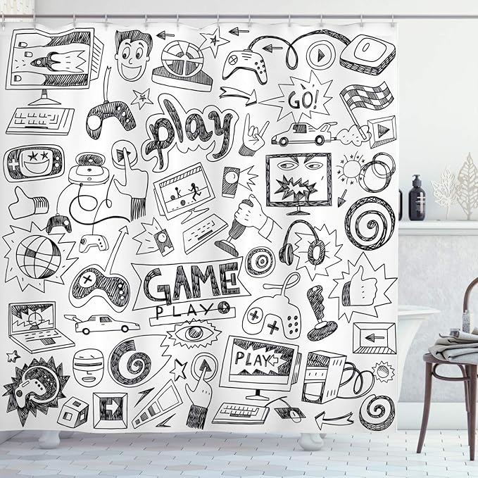 Ambesonne Video Games Shower Curtain, Monochrome Sketch Style Gaming Design Racing Monitor Device Gadget Teen 90's, Cloth Fabric Bathroom Decor Set with Hooks, 69" W x 84" L, Cream and Black