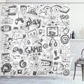 Ambesonne Video Games Shower Curtain, Monochrome Sketch Style Gaming Design Racing Monitor Device Gadget Teen 90's, Cloth Fabric Bathroom Decor Set with Hooks, 69" W x 70" L, Cream and Black