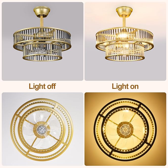 Depuley Bedroom Ceiling Fan with Lights: 20" Gold Chandelier Cagd Fan with Remote Control - Modern Crystal Fandelier for Girl's Bedroom Living Room Nursery (E26 Bulbs Not Included)