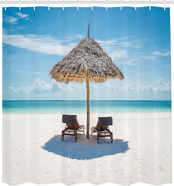 Ambesonne Seaside Shower Curtain, Wooden Sun Loungers Facing Eastern Ocean Under a Thatched Umbrella in Zanzibar, Cloth Fabric Bathroom Decor Set with Hooks, 69" W x 84" L, Turquoise Cream