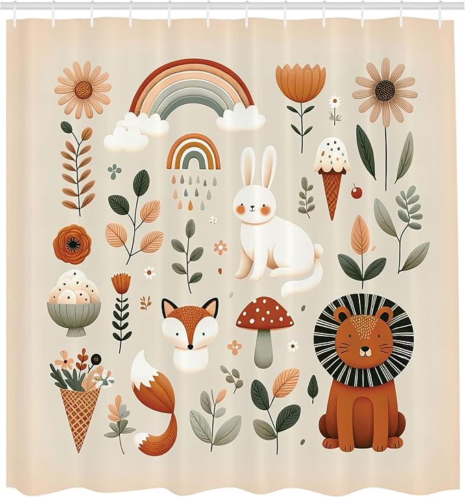 Ambesonne Jungle Shower Curtain, Happy Cartoon Lion Rabbit Fox Characters with Mushroom Rainbow Flowery, Cloth Fabric Bathroom Decor Set with Hooks, 69" W x 84" L, Cinnamon and Eggshell