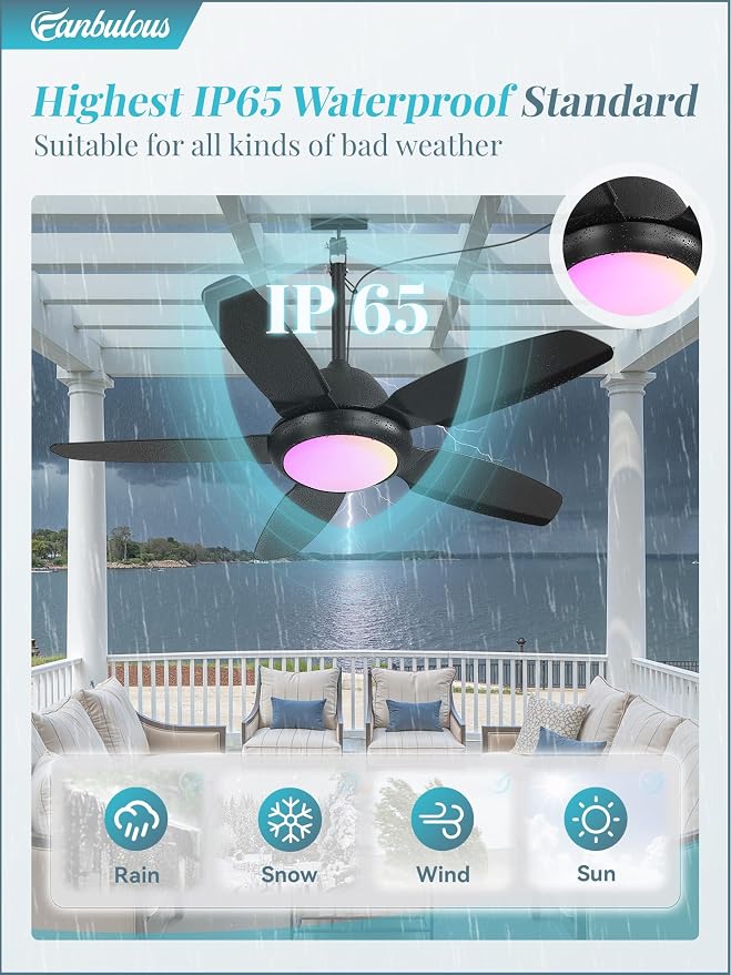 Fanbulous 42" Waterproof Outdoor Ceiling Fan with Light for patio,RGB Black | IP65 Wet Rated, 3CCT Dimmable Light,Remote Control,6-Speed DC Motor, Plug-in Cord, Hanging Hook for Gazebo, Porch, Pergola.