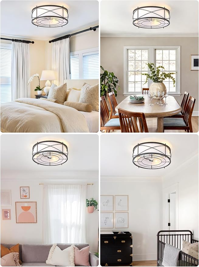 Black Flush Mount Farmhouse Ceiling Fan with Lights, 20" Caged Rustic Ceiling Fans with Light and Remote, Enclosed with 6 Speeds for Living Room, Bedroom, Nursery