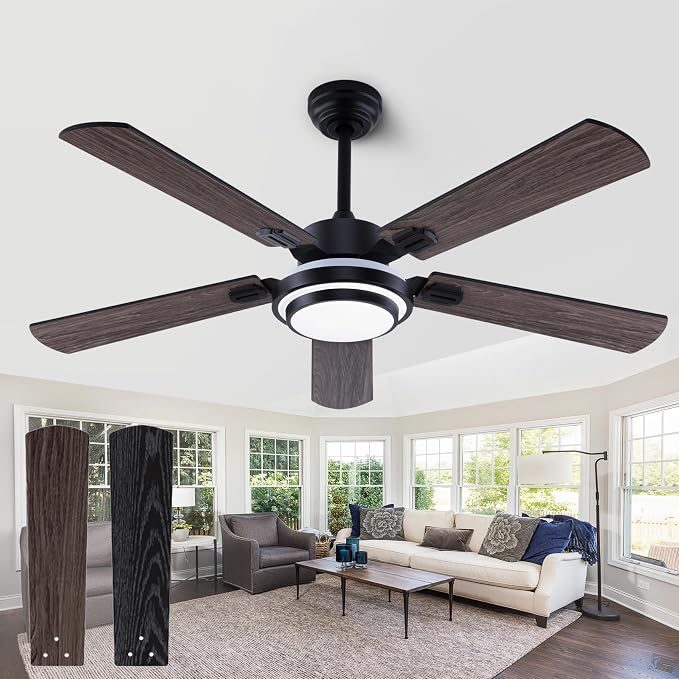 QUTWOB 52" Brushed Nickel Ceiling Fans,Farmhouse 5 Blades Ceiling Fans with Lights, Indoor/Outdoor Ceiling Fan with Remote Control for Patio, Bedroom,Living Room,Dining Room,etc. (Black)