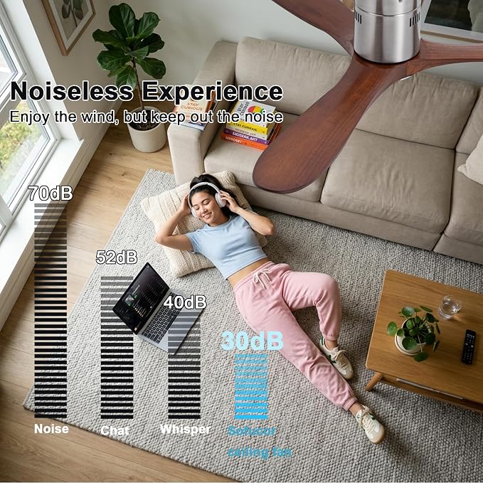 52” Ceiling Fans with Light with 6 Speed Remote/APP Control, Solid Wood Fan Blade, 3CCT Dimmable LED, Noiseless, Bedroom, Hallway Recessed Ceiling Fan