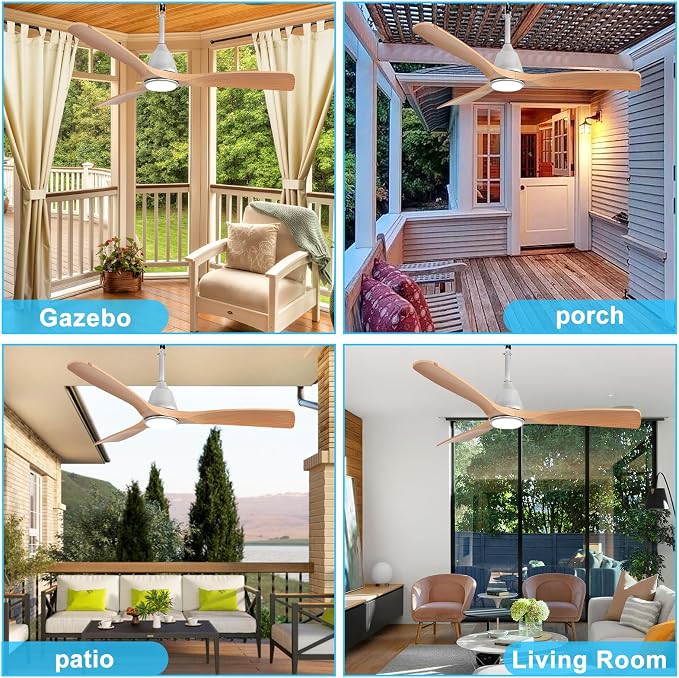 Depuley Outdoor Ceiling Fan with Lights: 52" Silver Gazebo Fans Outdoor Hanging with Remote APP Control - Plug in Waterproof Fans with Light for Patio Porch Reversible Wood Blades 3CCT 6 Speeds Timer