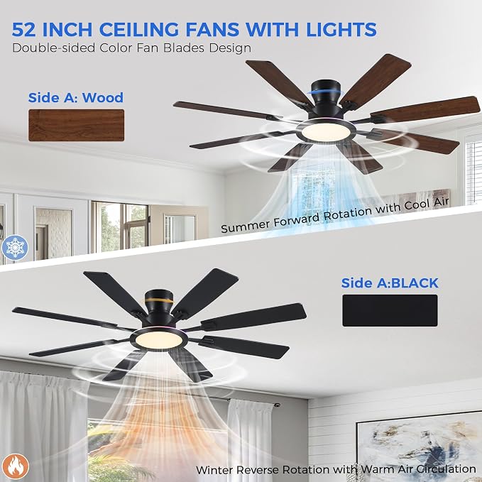 Ayaoty Ceiling Fans with Lights -60in Flush Mount Ceiling Fan with RGB Dimmable, 3CCT 6 Wind Speeds and Reversible Quiet Motor, Low Profile RGB Fan Light for Modern Indoor, Party - Brown
