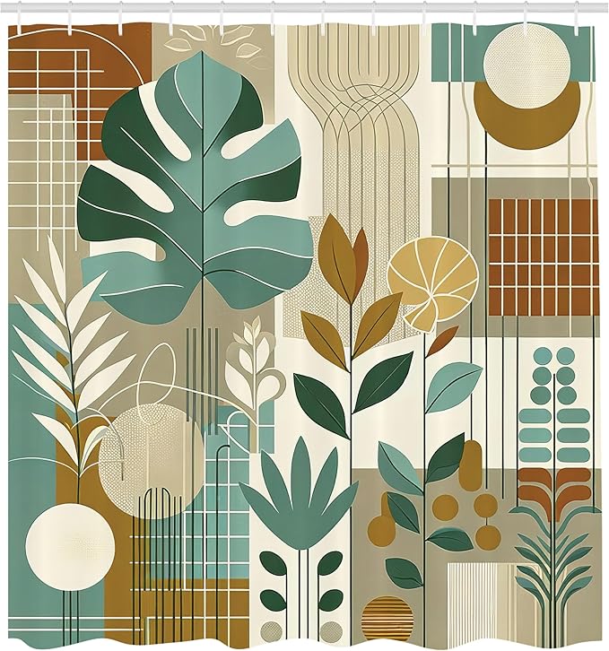 Ambesonne Mid Century Modern Shower Curtain, Abstract Retro Monstera and Palm Leaves Lines and Circles, Cloth Fabric Bathroom Decor Set with Hooks, 69" W x 84" L, Dark Khaki Beige Green