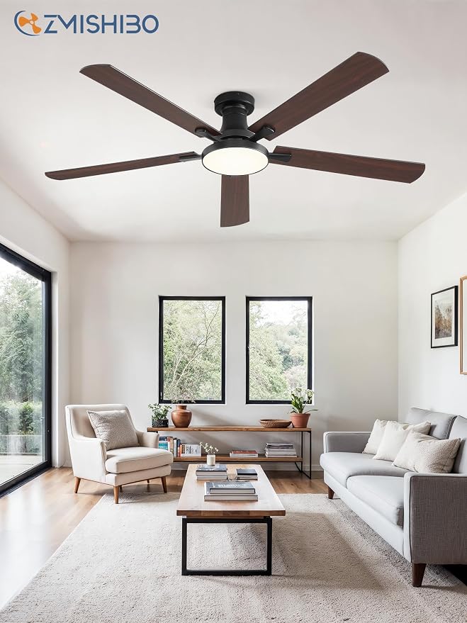 ZMISHIBO 60 Inch Flush Mount Ceiling Fan with Light, Remote&APP, Black | 6-Speed Quiet DC Motor, Dimmable 24W LED with 3CCT (3000K-6500K), Modern Low Profile for Living Room, Bedroom, Kitchen