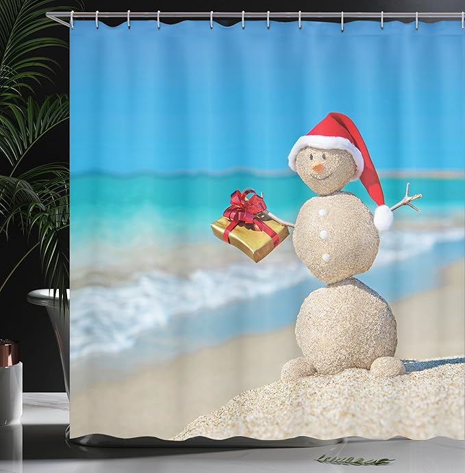Ambesonne Christmas Shower Curtain, Sand Snowman with Santa Hat and Present Tropical Beach Australian Noel, Cloth Fabric Bathroom Decor Set with Hooks, 69" W x 70" L, Blue and Vermilion
