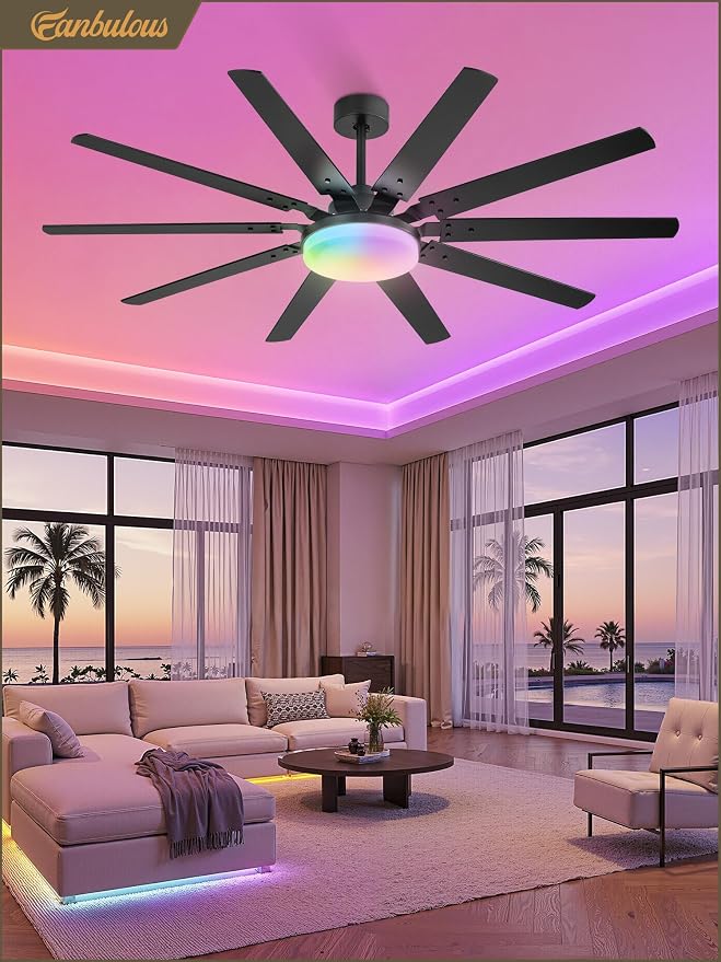 Fanbulous 65 inch RGB Ceiling Fans with Lights and Remote, Outdoor Black Ceiling Fan with 10 Blades, 32W LED light 3 CCT, 6 Speed Reversible Quiet DC Motor, Modern Ceiling Fan for Living Room Patio