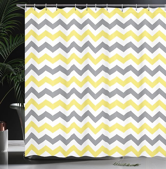 Ambesonne Geometric Shower Curtain, Horizontal Chevron Pattern Zigzag Endless Simplicity Design Print, Cloth Fabric Bathroom Decor Set with Hooks, 69" W x 70" L, Yellow White