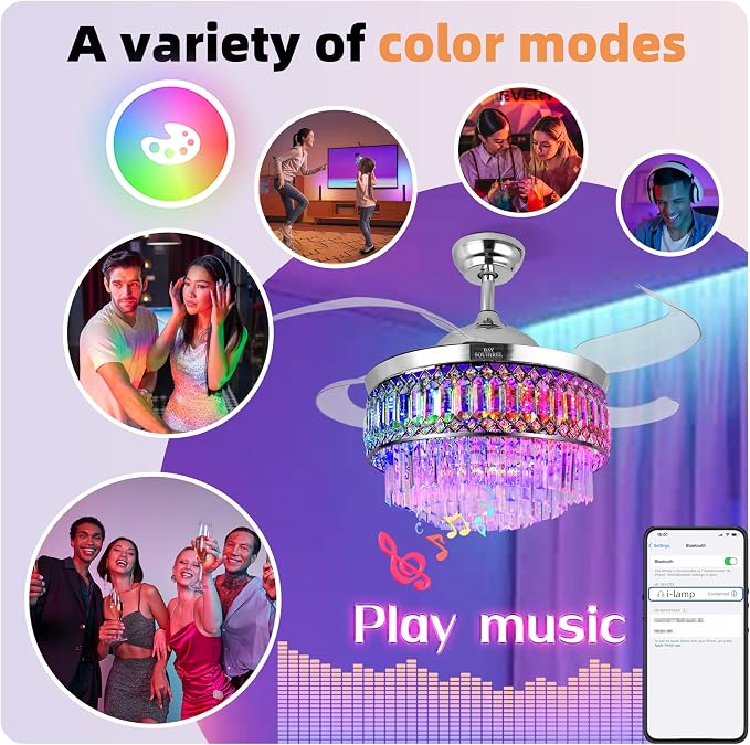 Retractable Crystal Ceiling Fan with Lights, Bluetooth Ceiling Fan with Speaker, 6-Speed Reversible Blades, RGB-LED Light, Remote & APP Control Crystal Chandelier for Bedroom Living Room 42"