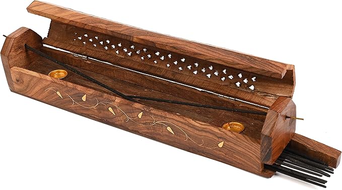 Incense Garden Pack of 2 Incense Stick Holder - Coffin Style - Wood Incense Stick Burner with Vines Inlays (Natural) Handmade with Brass Inlays