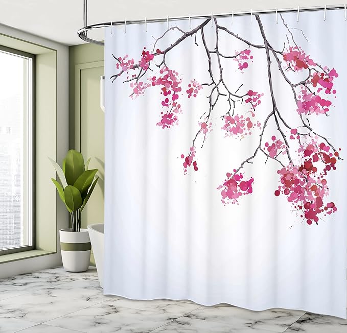 Ambesonne Japanese Shower Curtain, Cherry Blossom Sakura Tree Floral Branch Spring Season Theme Image, Cloth Fabric Bathroom Decor Set with Hooks, 69" W x 70" L, Dimgray Black