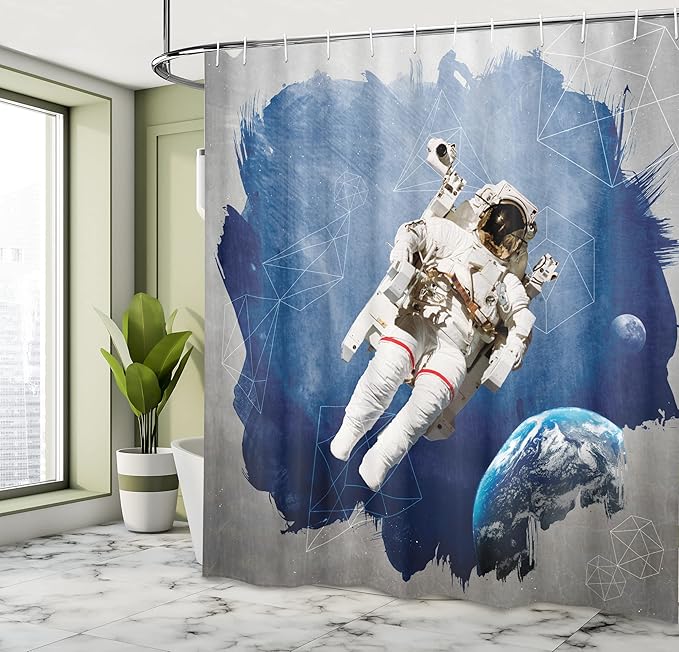 Ambesonne Outer Space Shower Curtain, Astronaut on The Grunge Half Done with Geometric Brushstroke SciFi Modern Art, Cloth Fabric Bathroom Decor Set with Hooks, 69" W x 75" L, Blue Beige