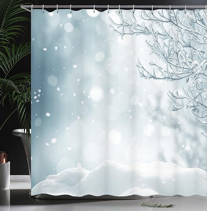 Ambesonne Winter Shower Curtain, Christmas Image Snow and Frosted Tree Snowflakes Winter Season Illustration, Cloth Fabric Bathroom Decor Set with Hooks, 69" W x 75" L, Slate Blue White