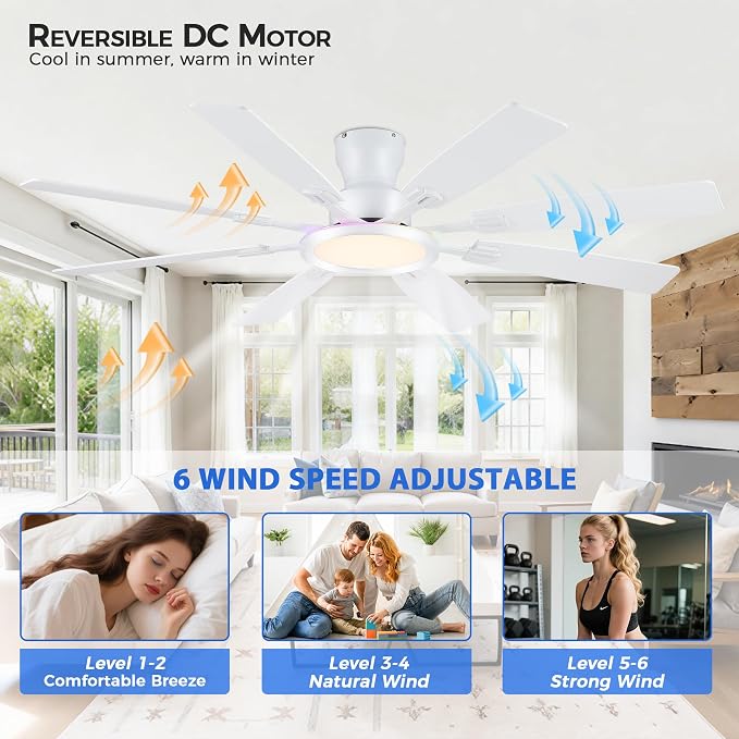 Ayaoty Ceiling Fans with Lights - 60in Flush Mount Ceiling Fan with RGB Dimmable, 3CCT 6 Wind Speeds and Reversible Quiet Motor, Low Profile RGB Fan Light for Modern Indoor, Party - White