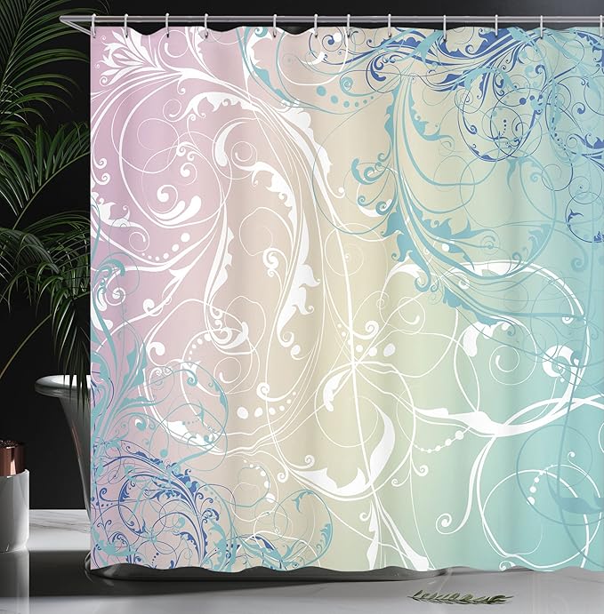 Ambesonne Floral Shower Curtain, Baroque Swirl Branches Curved Flower Leaves Shabby Form Nature Pattern, Cloth Fabric Bathroom Decor Set with Hooks, 69" W x 84" L, Seafoam White