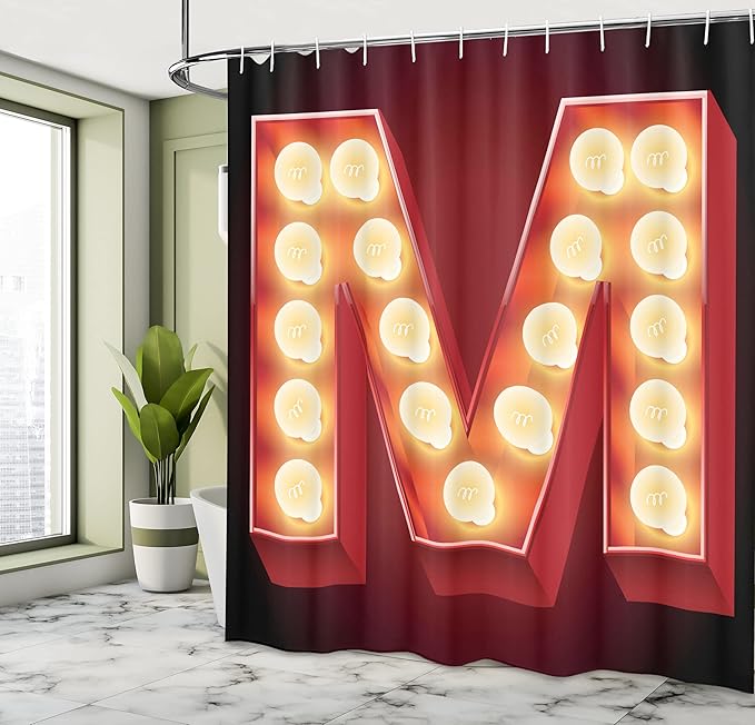 Ambesonne Letter M Shower Curtain, Vintage Alphabet Group of Old Movie Theaters Casinos Retro Type, Cloth Fabric Bathroom Decor Set with Hooks, 69" W x 70" L, Vermilion Yellow Black