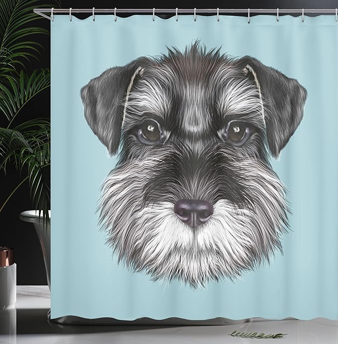 Ambesonne Animal Shower Curtain, Illustration of a Schnauzer on Blue Background Puppy Portrait, Cloth Fabric Bathroom Decor Set with Hooks, 69" W x 70" L, Pale Blue White Black