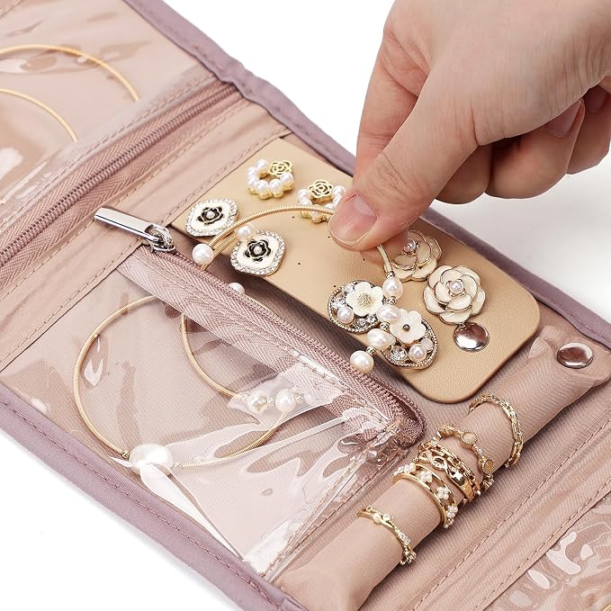 BELALIFE Travel Jewelry Case, Jewelry Organizer Roll for Accessories | Bag with foldable roll design for earrings, necklaces, rings, bracelets and brooches,Peach-Pink