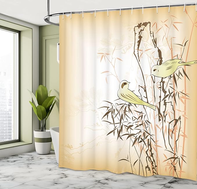 Ambesonne Asian Themed Shower Curtain, Leaf and Birds on The Branch Pine Grass Illustration on Peachy Back, Cloth Fabric Bathroom Decor Set with Hooks, 69" W x 70" L, Yellow Brown Cream