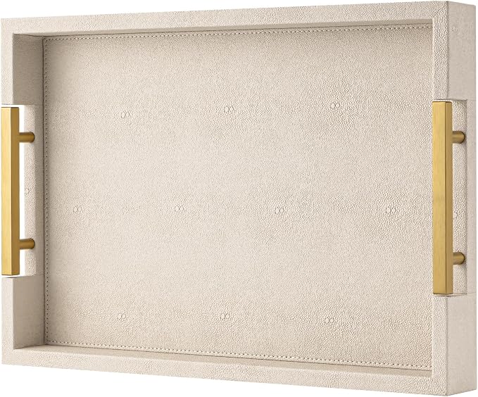 Beige Faux Leather Serving Tray with Handles – Large Decorative Tray for Coffee Table, Ottoman, Living Room, Bathroom – Home Decor