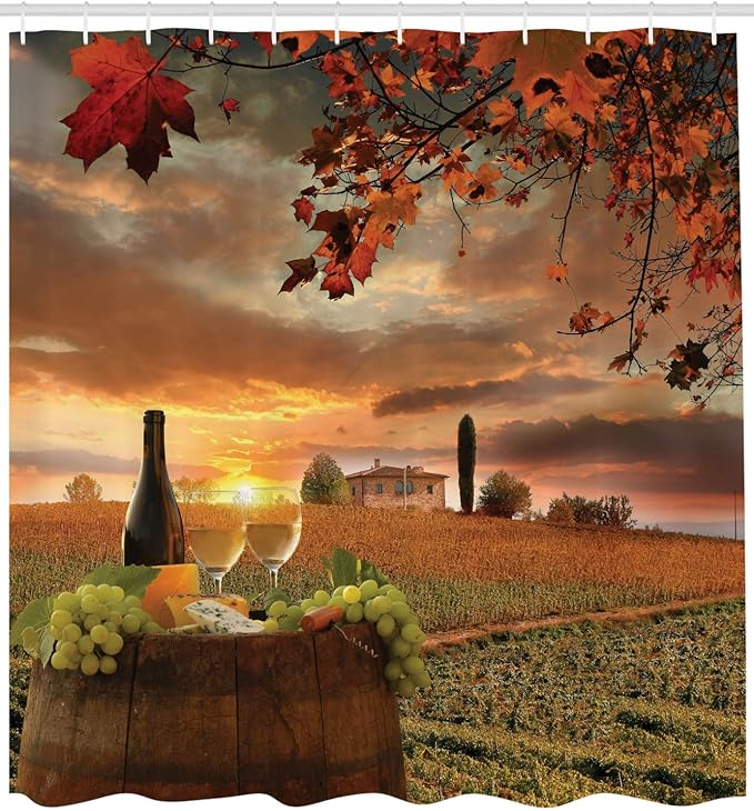Ambesonne Winery Shower Curtain, White Wine with Cask on Vineyard at Sunset in Chianti Tuscany Italy, Cloth Fabric Bathroom Decor Set with Hooks, 69" W x 84" L, Apple Green
