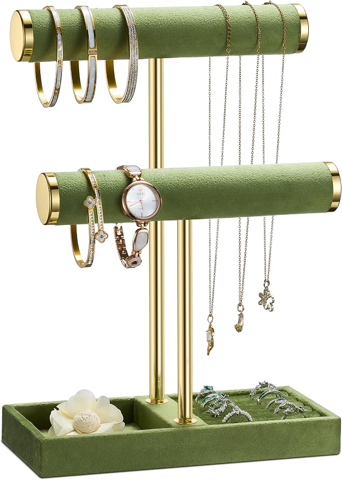 bussdis 2 Tier Bracelet Holder Display, Necklace Holder Organizer, Green | Velvet Necklace Holder | Jewelry Tree | Jewelry Towers | Jewelry Stand Organizer for Necklaces, Bracelets, Earrings, Rings